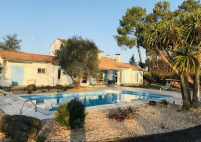 La piscine est bien mise en valeur avec ces massifs clair paillés de mulch.